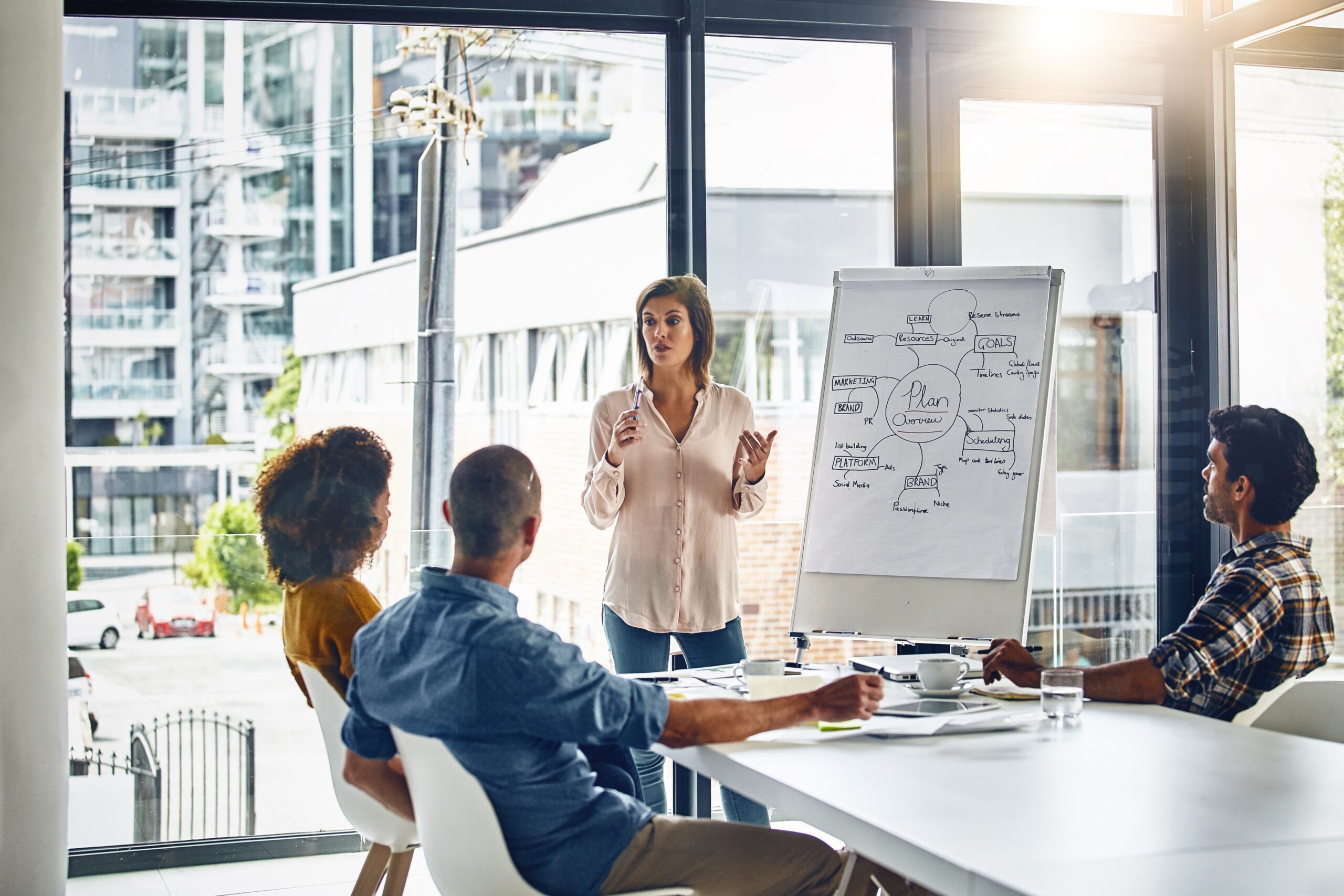 Employees discussing their sales plan in the office