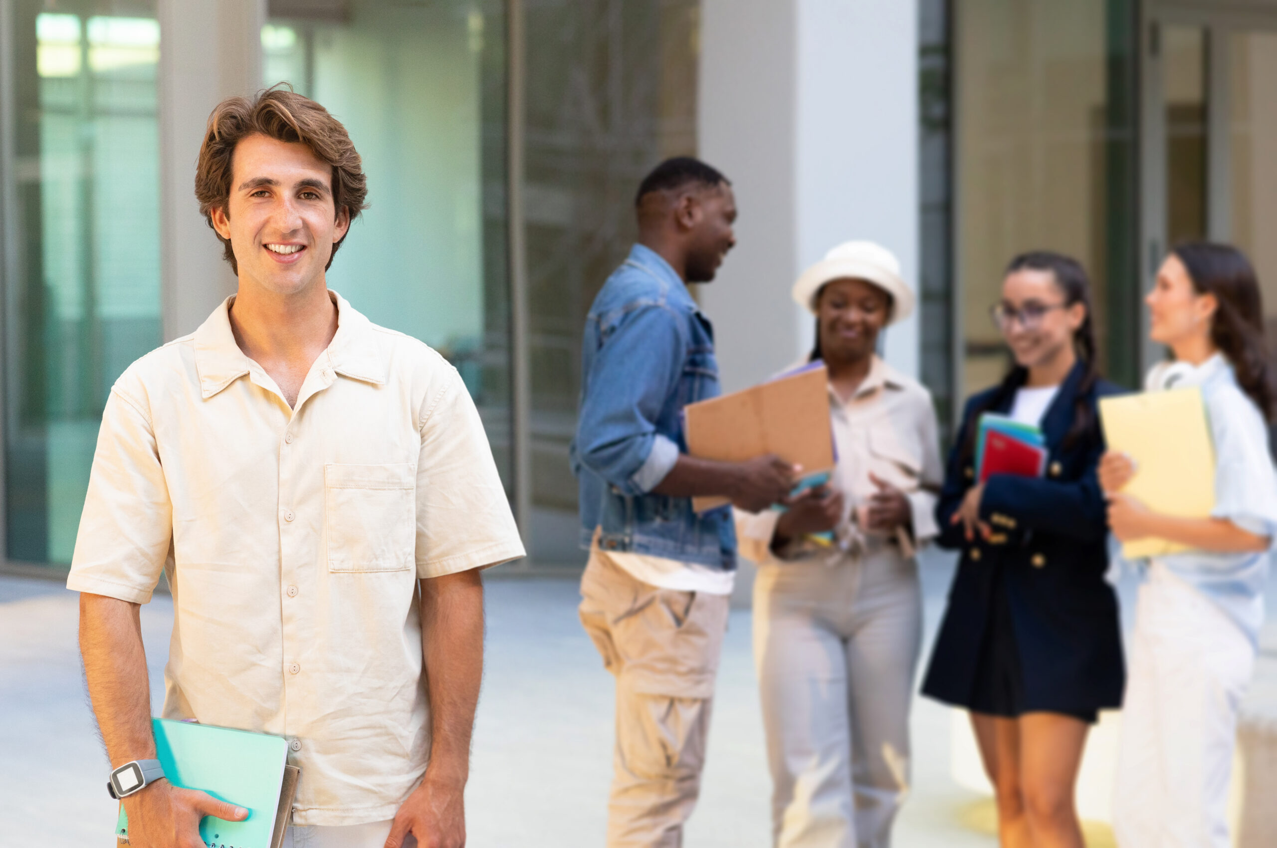 A young professional holding a notebook while exploring entry-level jobs with a diverse group of peers.